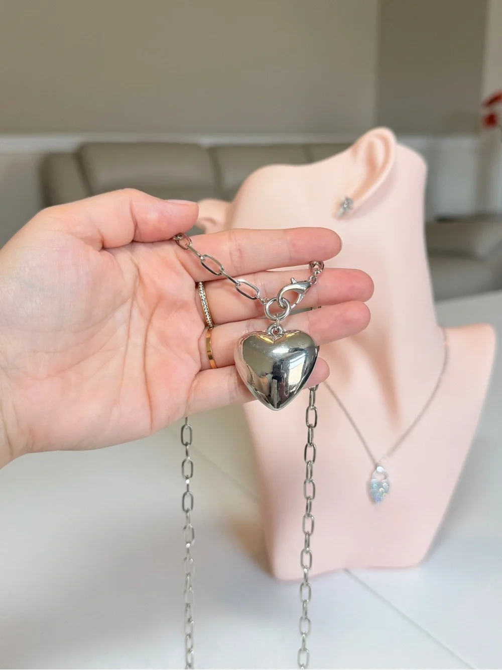 Silver Heart Pendant Long Chain Necklace